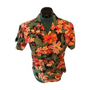 Vintage 70s Kapaia Stitchery Womens Tropical Hawaiian Aloha Shirt Pink Green 10